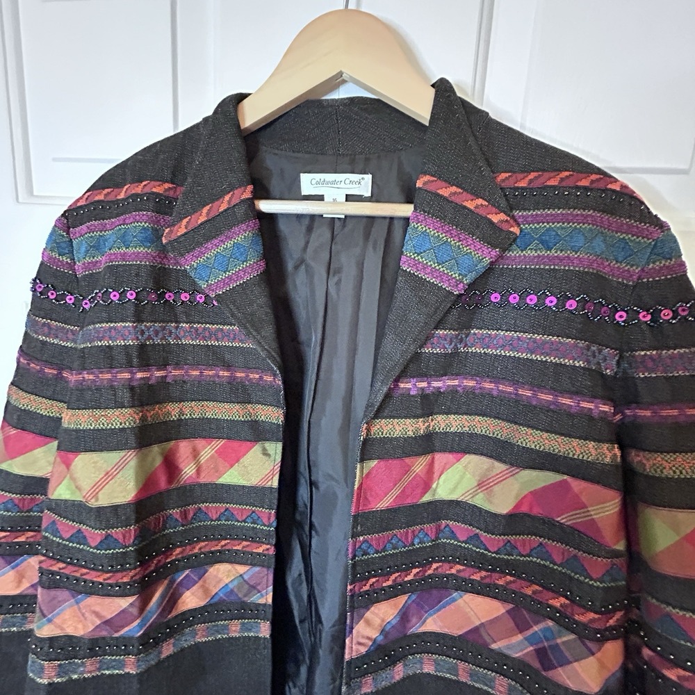 Coldwater Creek Vtg Embroidered Jacket Womens Sz 16 Striped Beaded Cotton Art